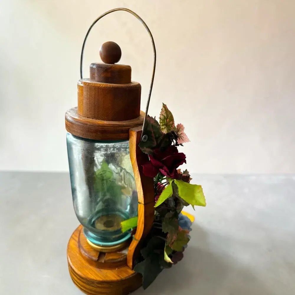 Vintage Handmade Wood Candle Lantern Aqua Perfect Mason Jar Silk Flowers
